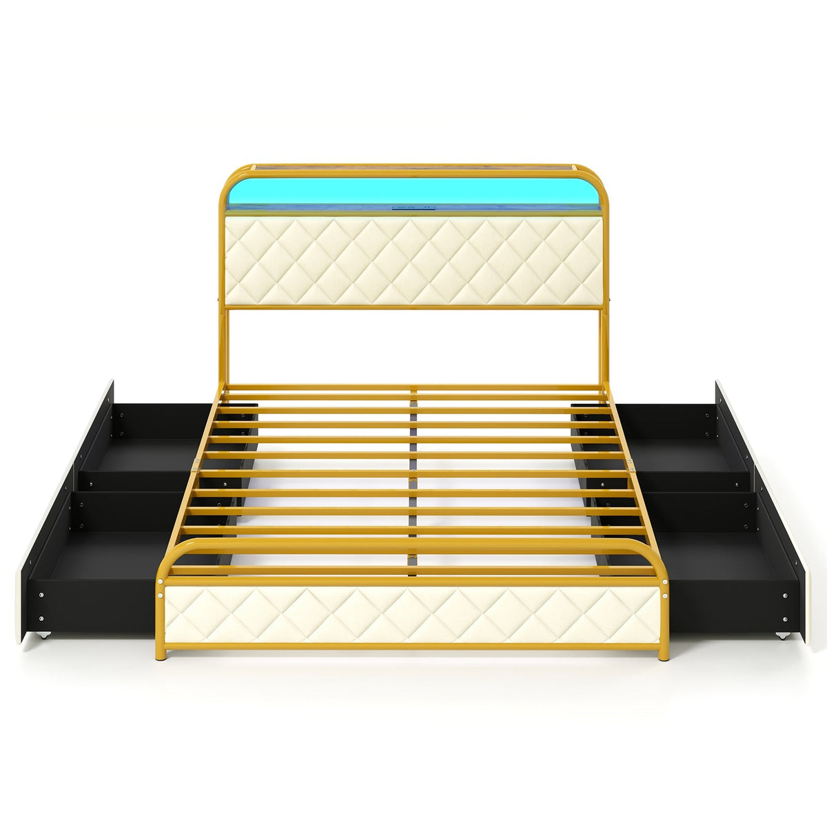 Twin/Full/Queen Size Bed Frame with LED Lights and Charging Station Gold