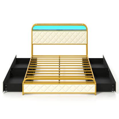 Twin/Full/Queen Size Bed Frame with LED Lights and Charging Station Gold