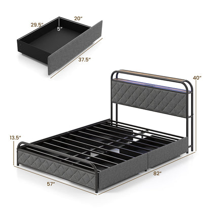 Twin/Full/Queen Size Bed Frame with LED Lights and Charging Station