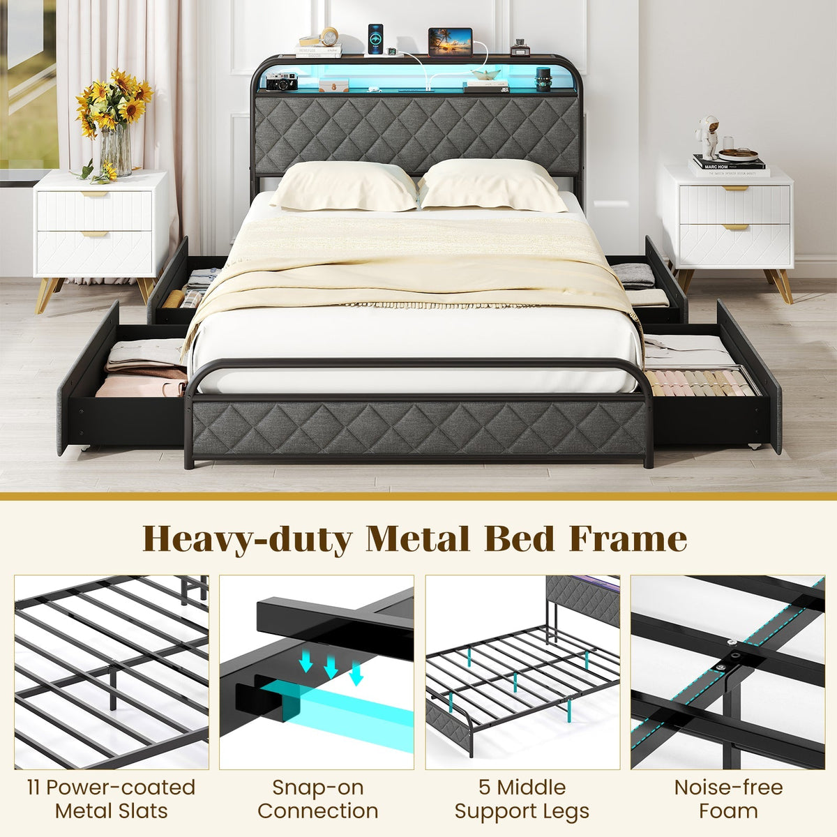 Twin/Full/Queen Size Bed Frame with LED Lights and Charging Station