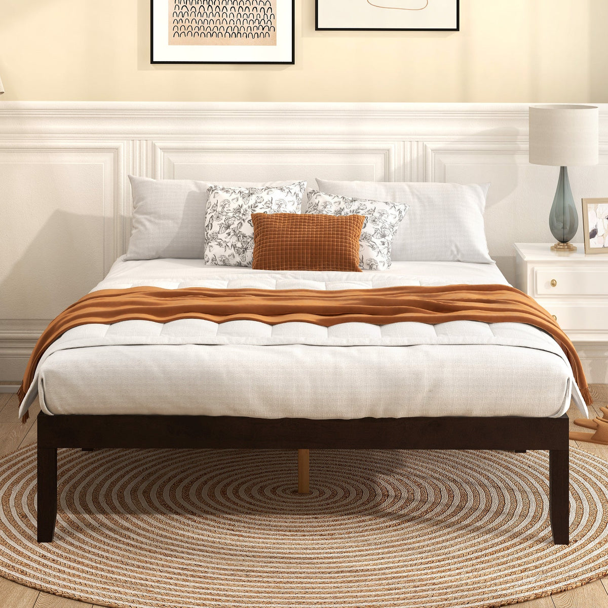 Full Size Wood Bed Frame with Wooden Slats Support and Rubber Wood Legs