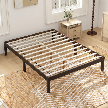 Full Size Wood Bed Frame with Wooden Slats Support and Rubber Wood Legs