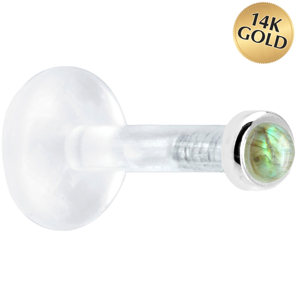 Solid 14K White Gold 2mm Genuine Labradorite Bioplast Push in Labret