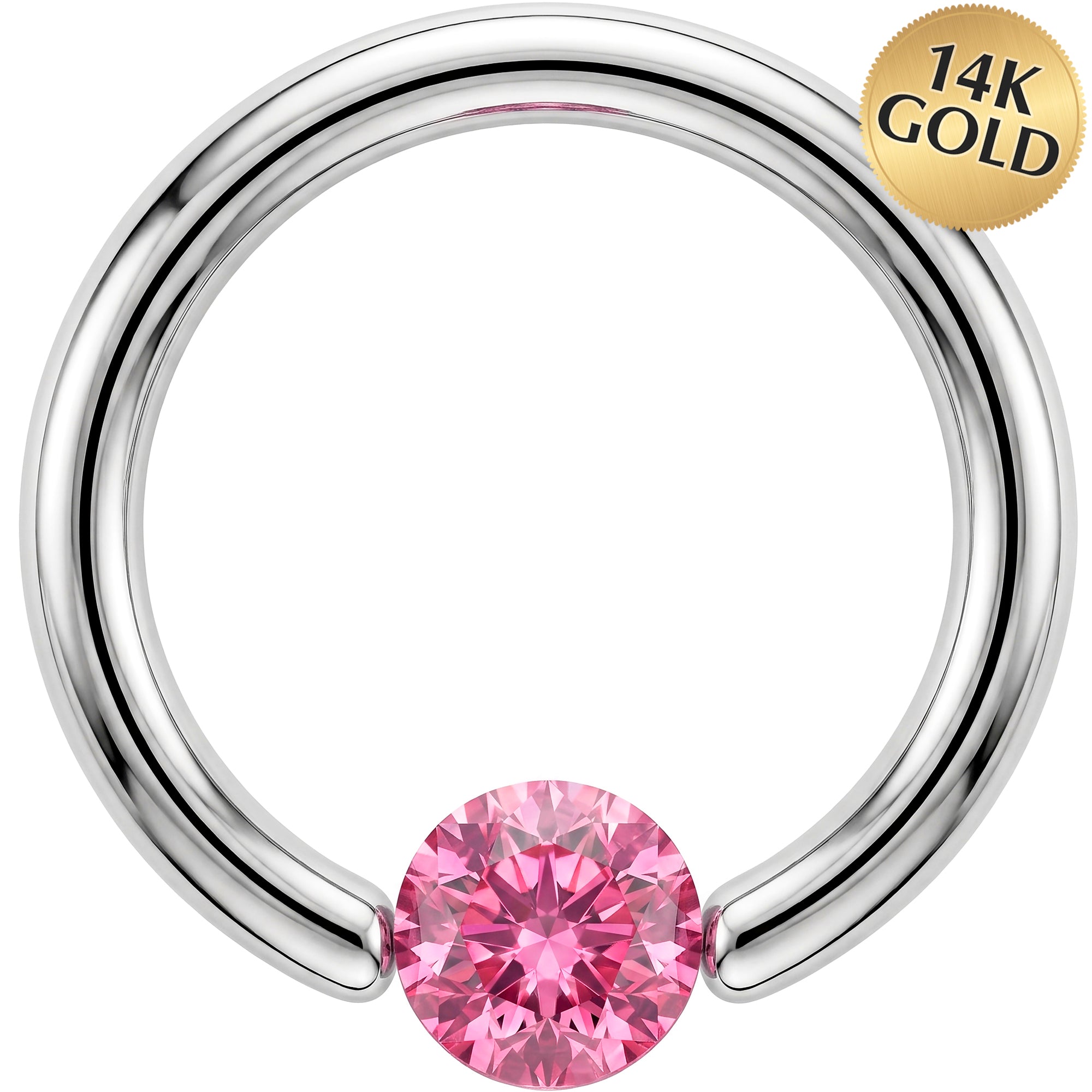 14G 7/16 Solid 14k White Gold 4mm Pink Cubic Zirconia Tension Captive Ring