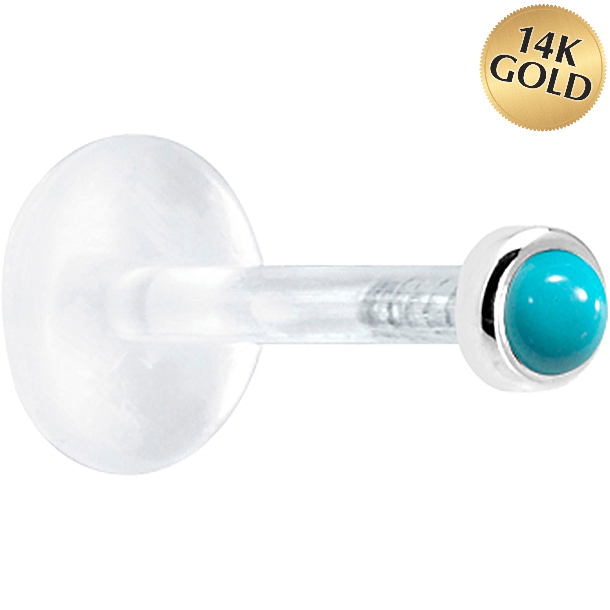 16G 1/4 Solid 14K White Gold 2mm Genuine Turquoise Bioplast Tragus Earring Stud