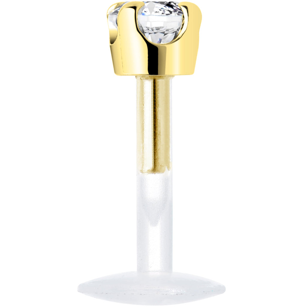 16G 1/4 Solid 14K Yellow Gold 3mm Clear Cubic Zirconia Bioplast Tragus Earring Stud