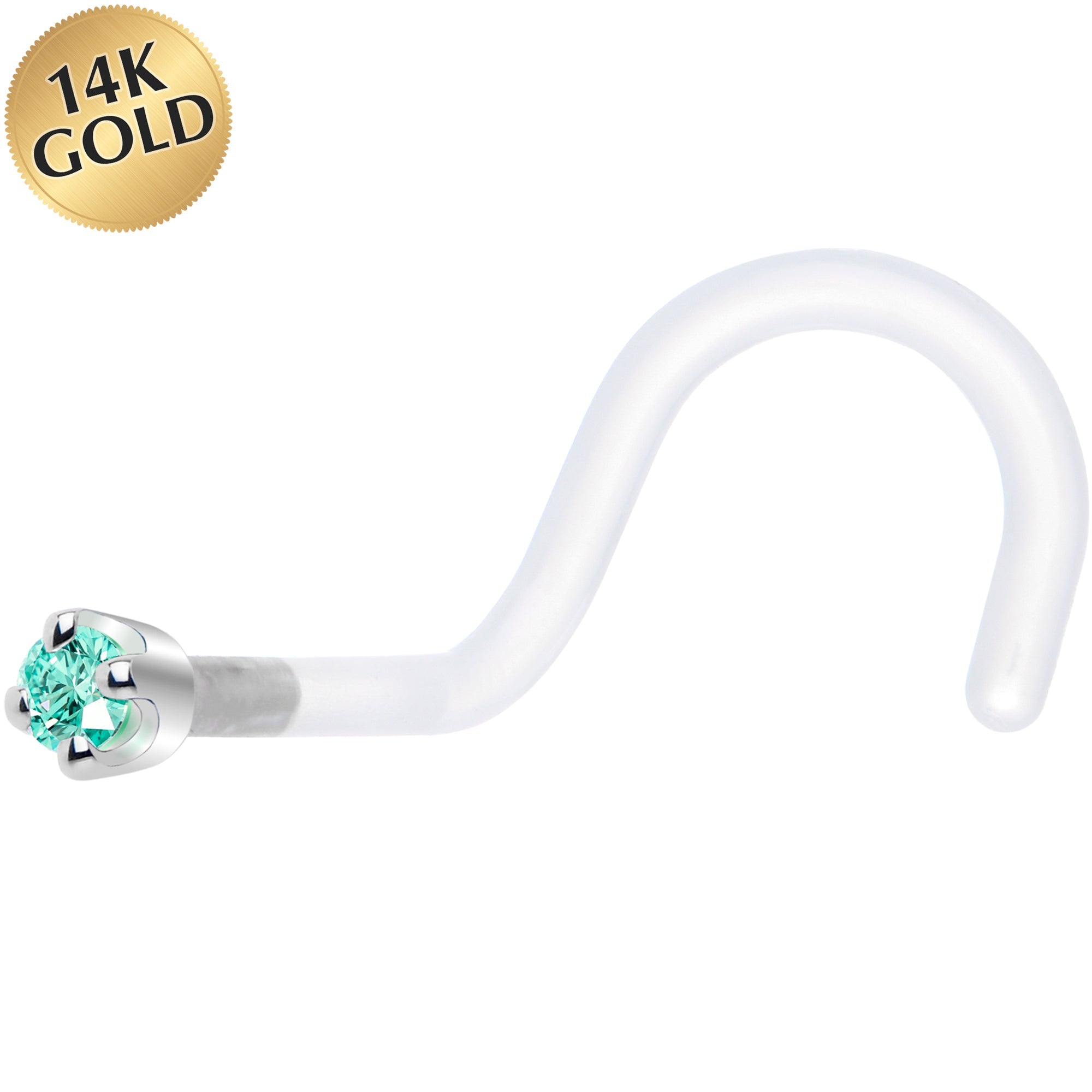 18G 1/4 White Gold 1.5mm Mint Green Cubic Zirconia Bioplast Nose Ring
