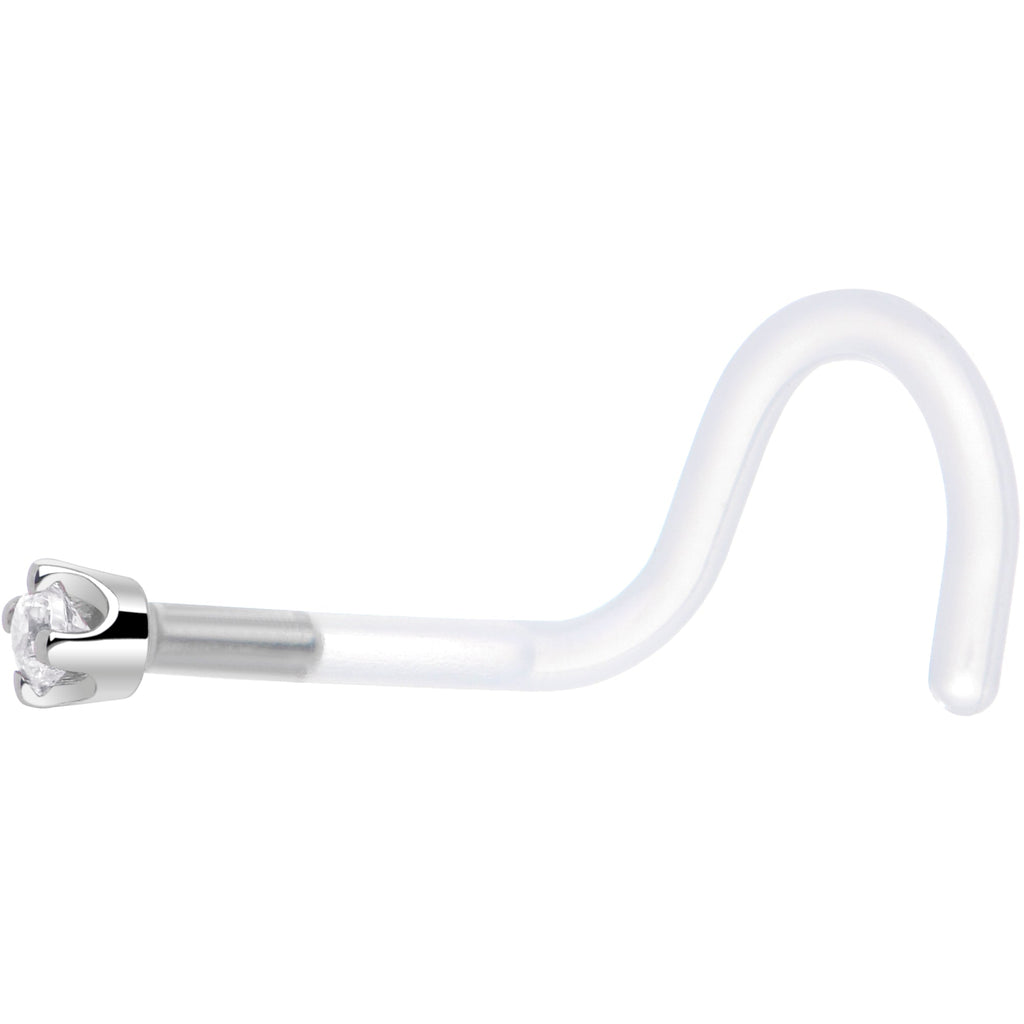 18G 1/4 White Gold 1.5mm Clear Cubic Zirconia Bioplast Nose Ring
