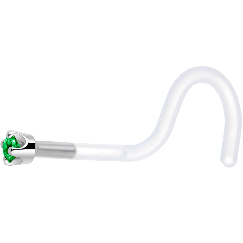 18G 1/4 White Gold 1.5mm Green Cubic Zirconia Bioplast Nose Ring