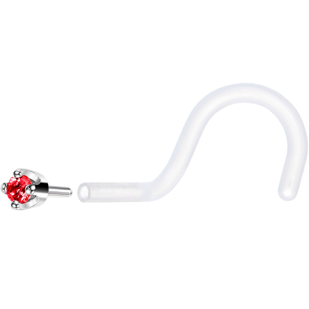 18G 1/4 White Gold 1.5mm Red Cubic Zirconia Bioplast Nose Ring