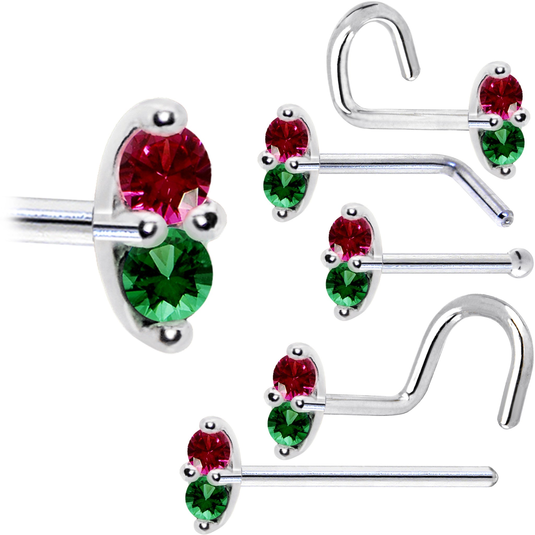 14k White Gold Red Green 1.5mm CZ Marquise Nose Ring