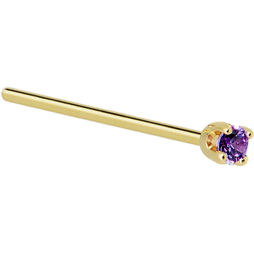 Solid 14K Yellow Gold 2mm Amethyst Cubic Zirconia Nose Ring