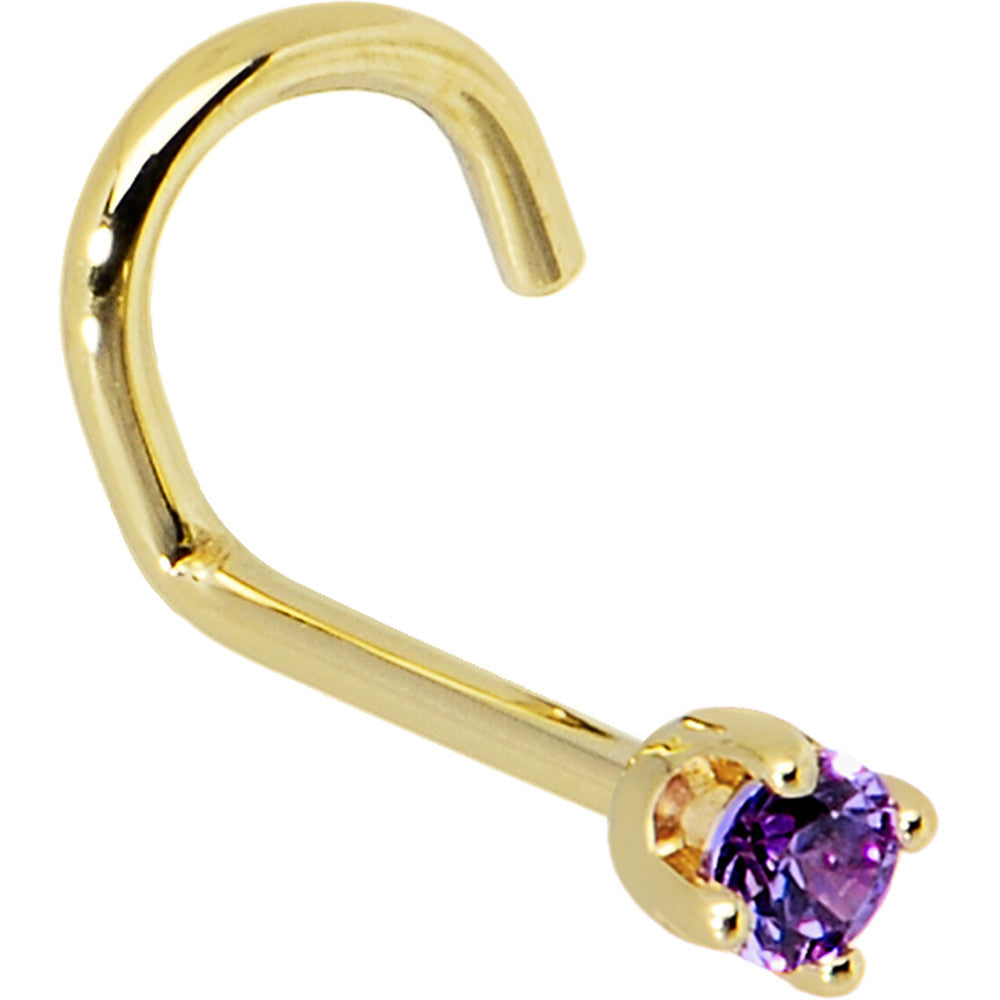 Solid 14K Yellow Gold 2mm Amethyst Cubic Zirconia Nose Ring