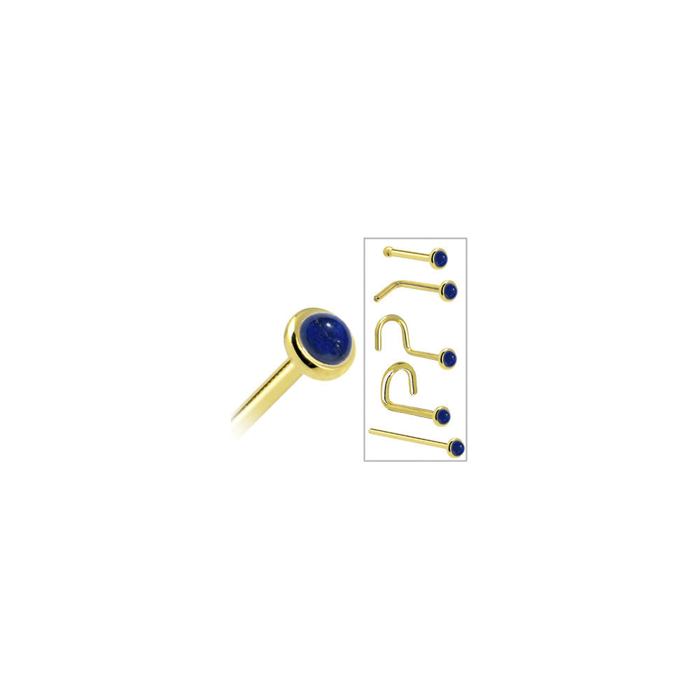 Solid 14K Yellow Gold 2mm Lapis Lazuli Straight Nose Ring