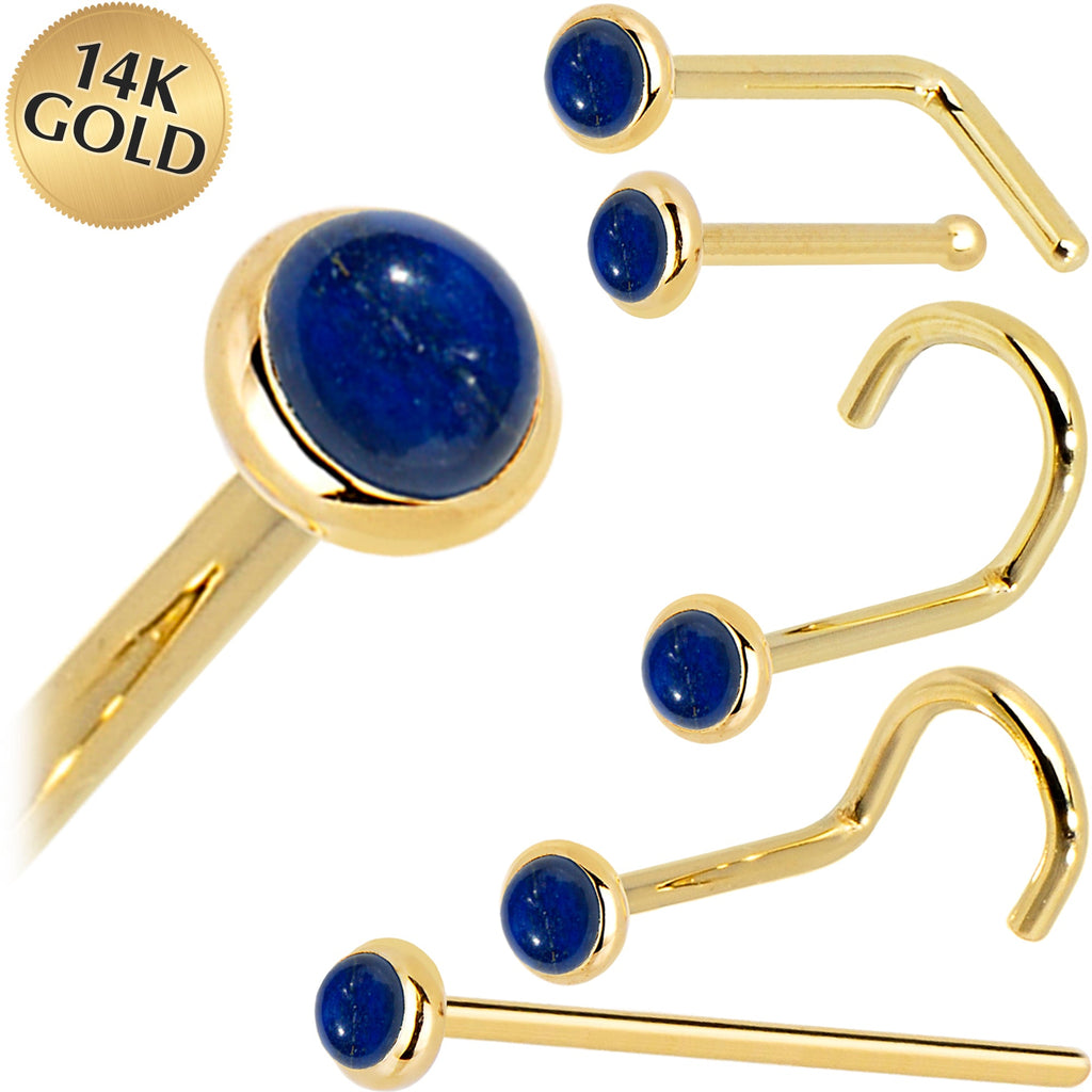 Solid 14K Yellow Gold 2mm Lapis Lazuli Straight Nose Ring