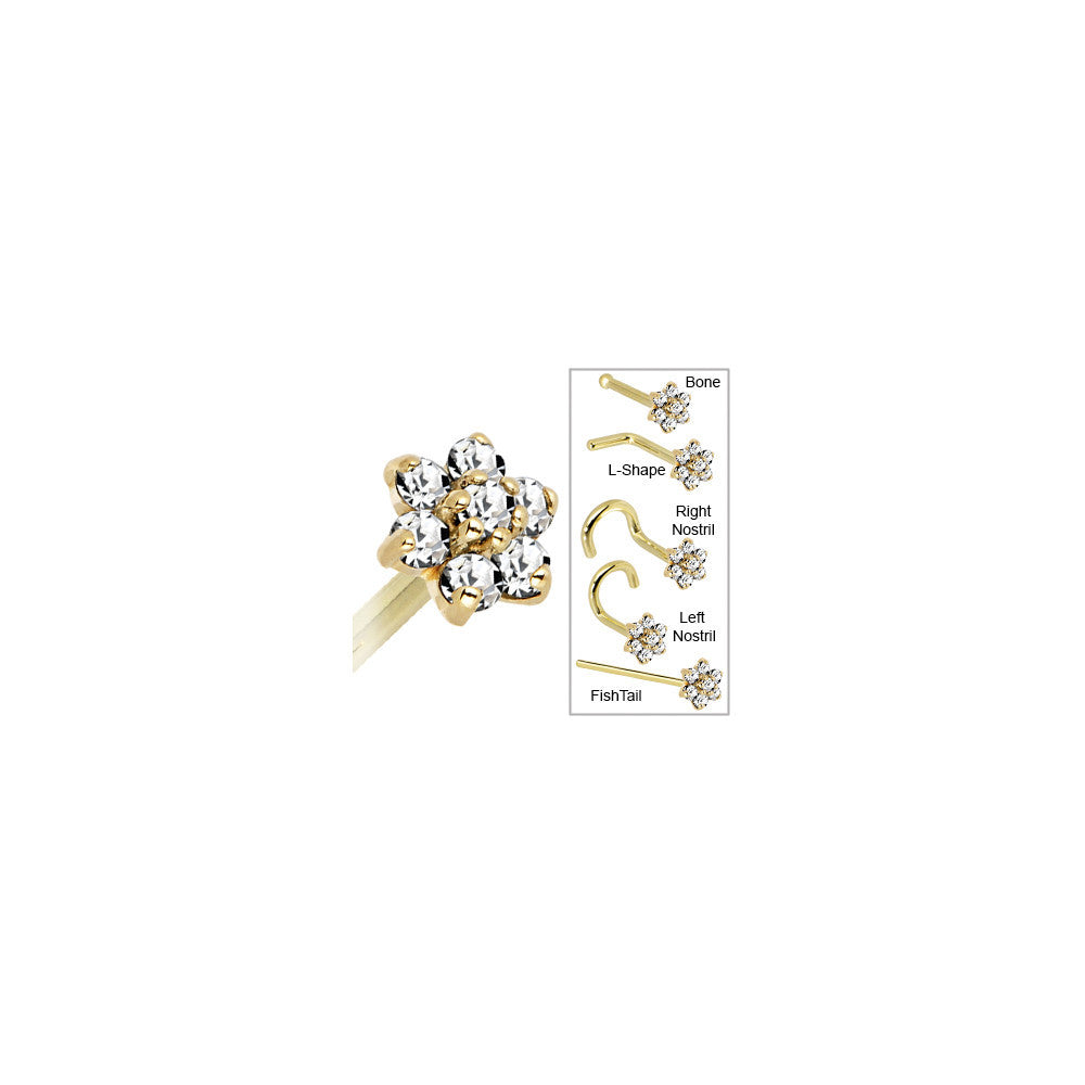 Solid 14K Yellow Gold Clear Cubic Zirconia Flower Nose Ring