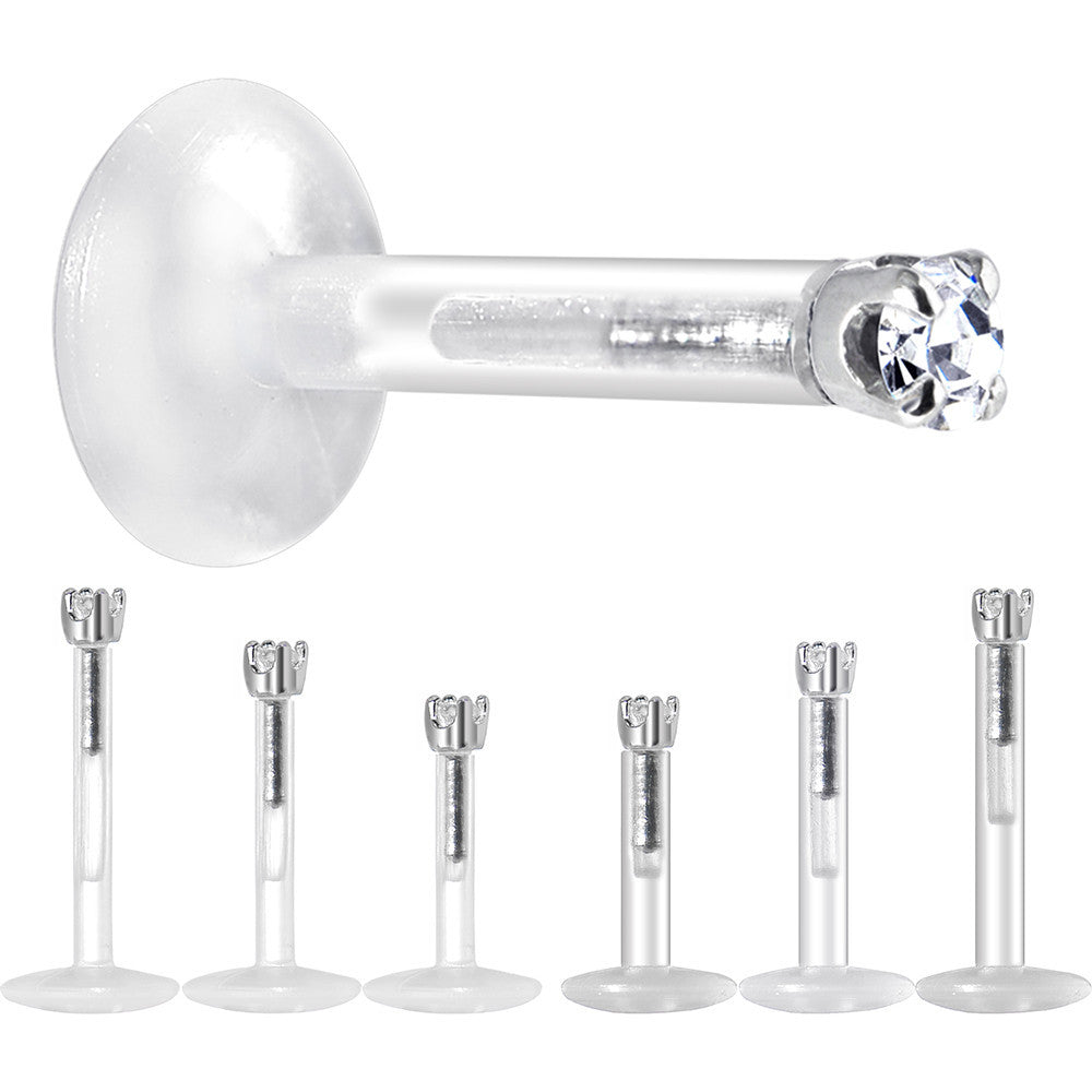 Solid 14K White Gold 1.5mm CZ Bioplast Push in Labret Monroe