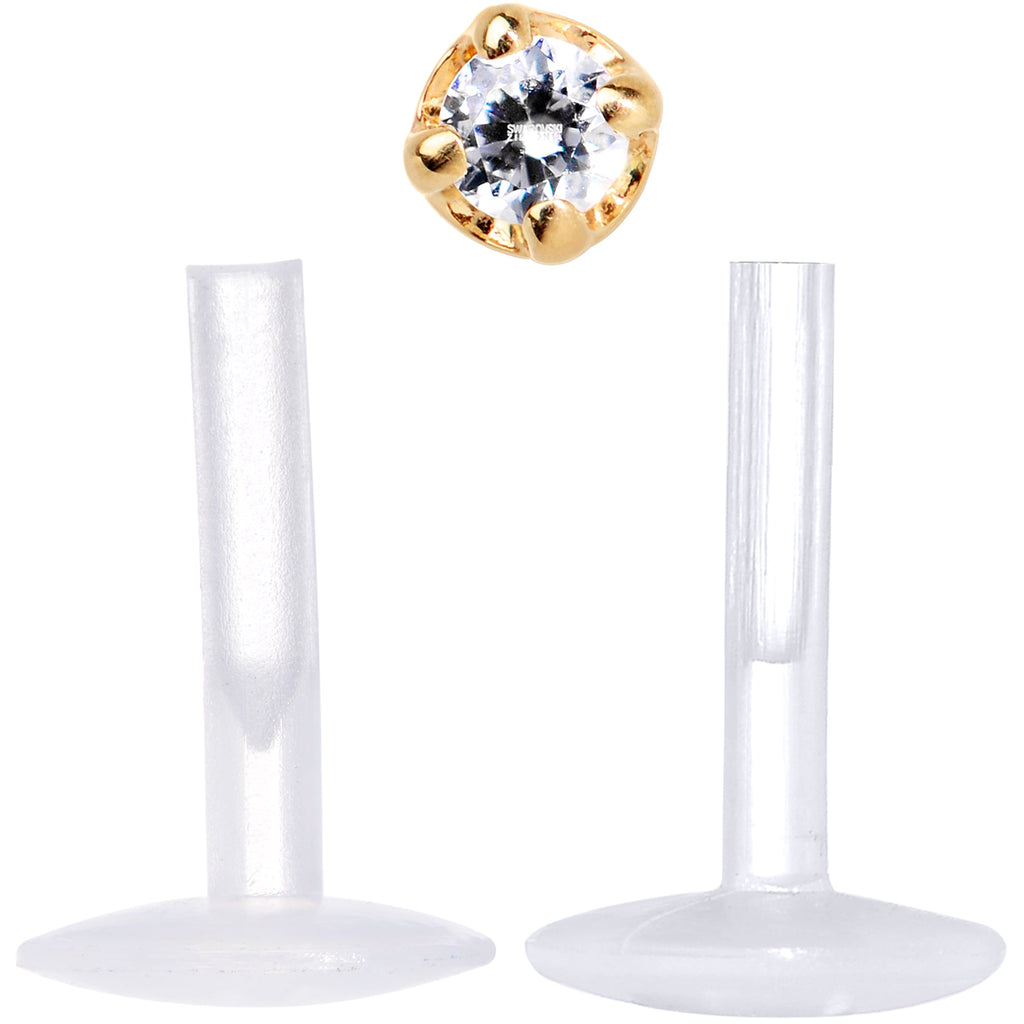 16G 1/4 Solid 14K Yellow Gold 1.5mm CZ Bioplast Push in Cartilage Earring
