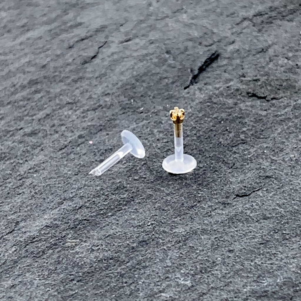 16G 1/4 Solid 14K Yellow Gold 1.5mm CZ Bioplast Push in Cartilage Earring