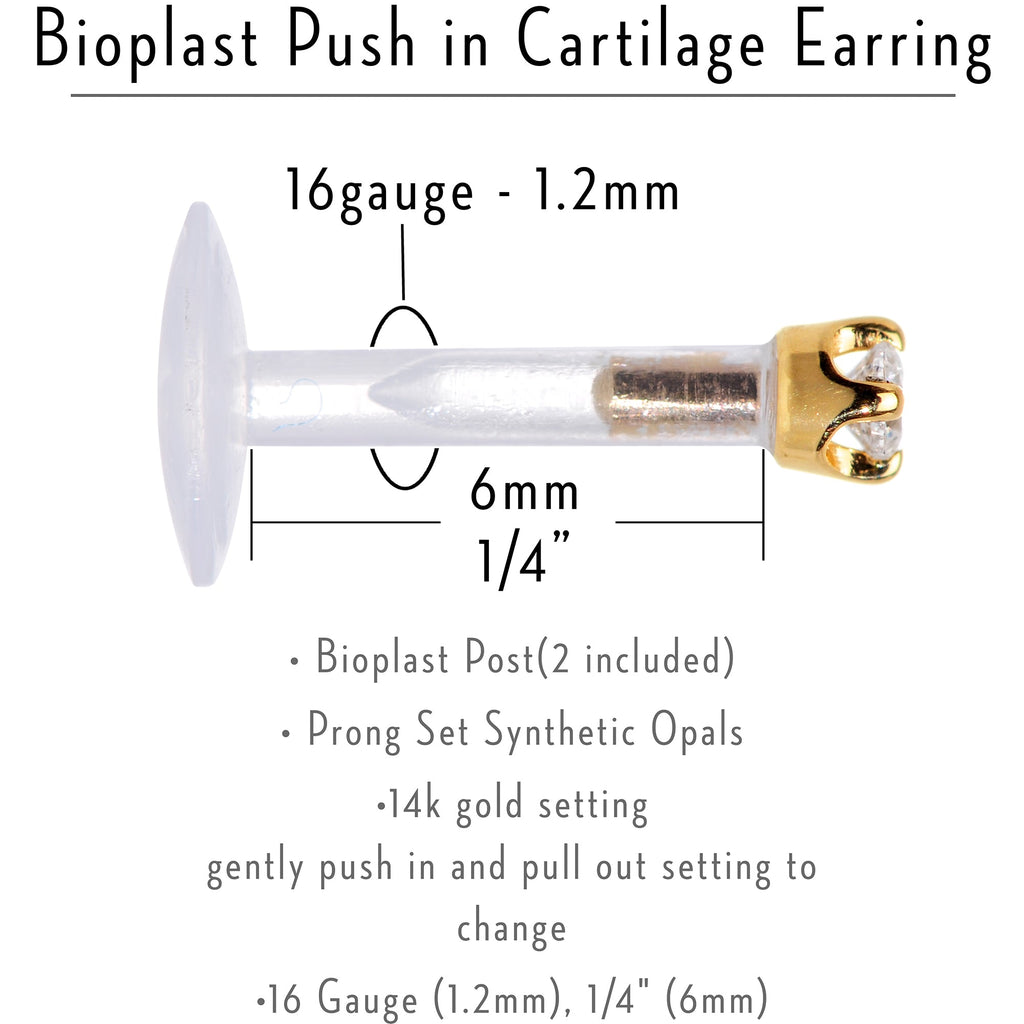 16G 1/4 Solid 14K Yellow Gold 1.5mm CZ Bioplast Push in Cartilage Earring