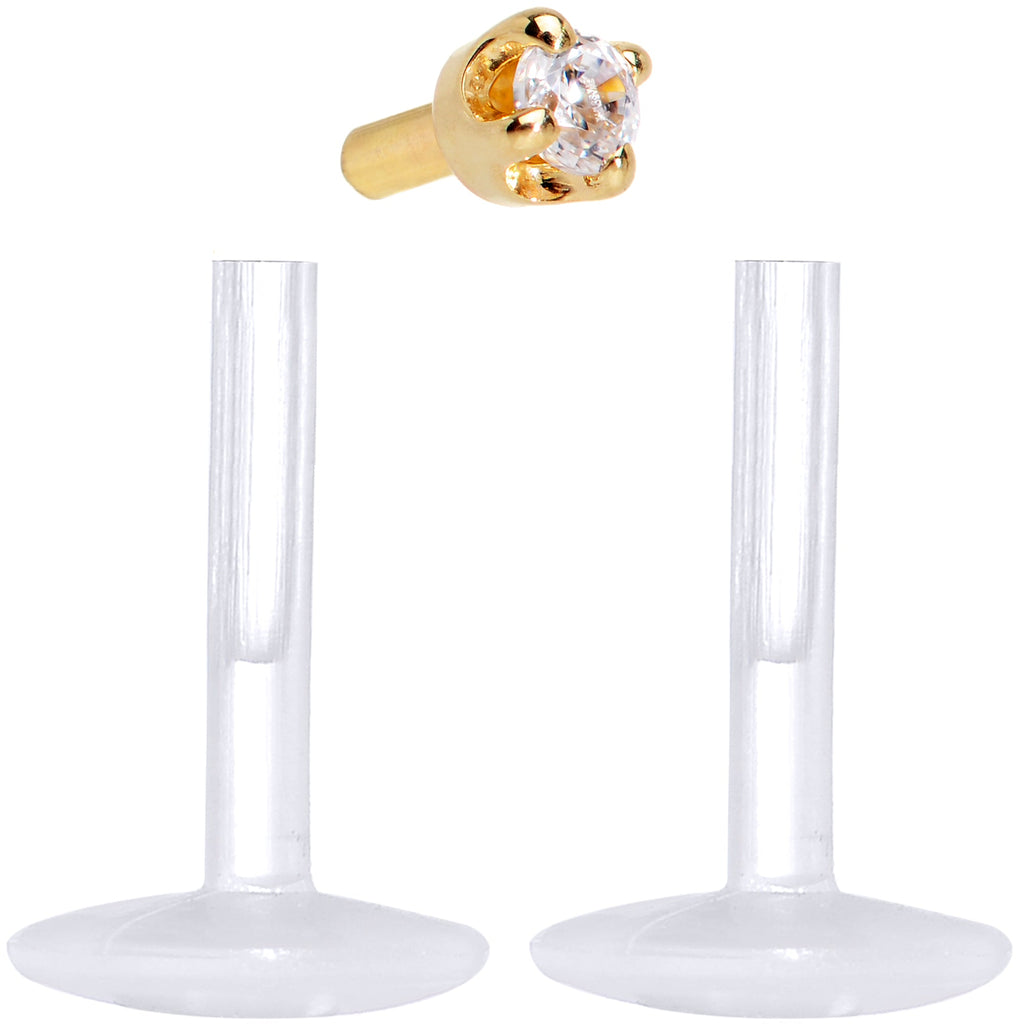 16G 1/4 Solid 14K Yellow Gold 1.5mm CZ Bioplast Push in Cartilage Earring