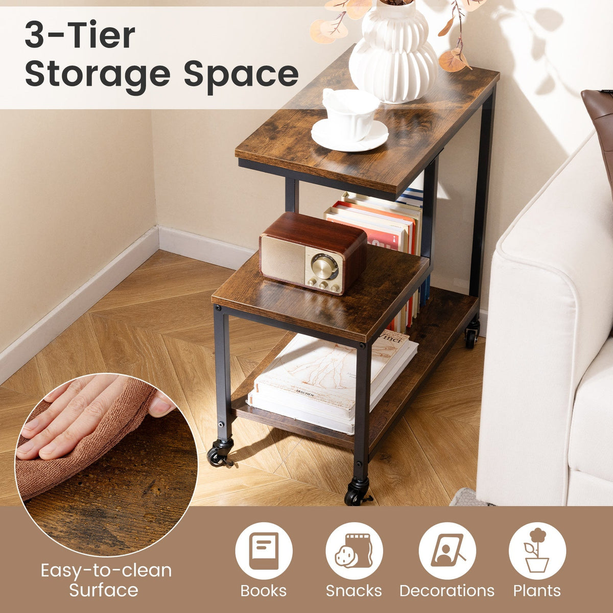G-shaped Side Table 3-Tier Mobile End Table with Open Shelves
