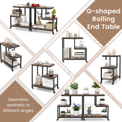 G-shaped Side Table 3-Tier Mobile End Table with Open Shelves