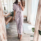 Women Summer Short Sleeve Slit Long Dress Turn-down Collar Elegant Button Draped Party Dresses