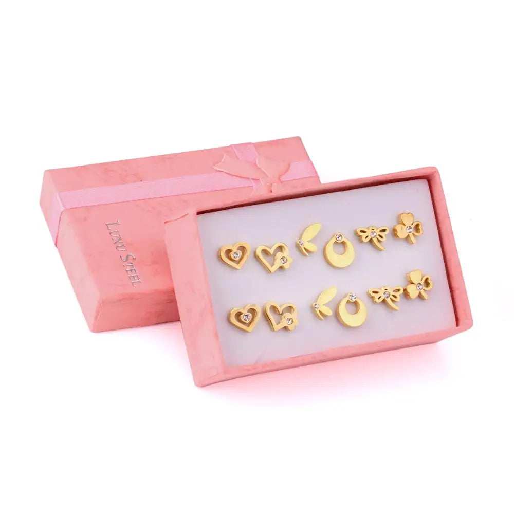 6 Pairs Vintage Stud Earrings Set for Women | Stainless Steel Snowflake Piercing