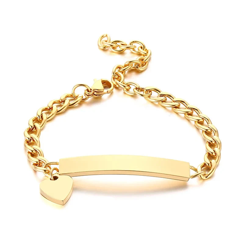 Persoanlized Custom Name Heart Bracelet,Stainless Steel Figaro Chain Link Adjustable,Engraved Gift for Boy Girl