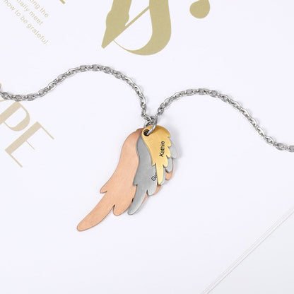 Wings Necklace with 3 Names Mixed Steel & Rose Gold & Gold Color Custom Family Necklace