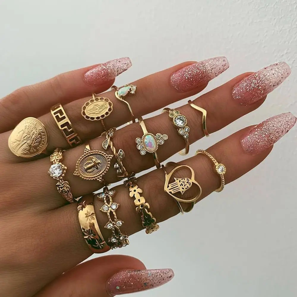 Fashion Geometric Knuckle Rings set For Women Crystal Gold color Finger Ring Boho Ladies wedding Jewelry Gift