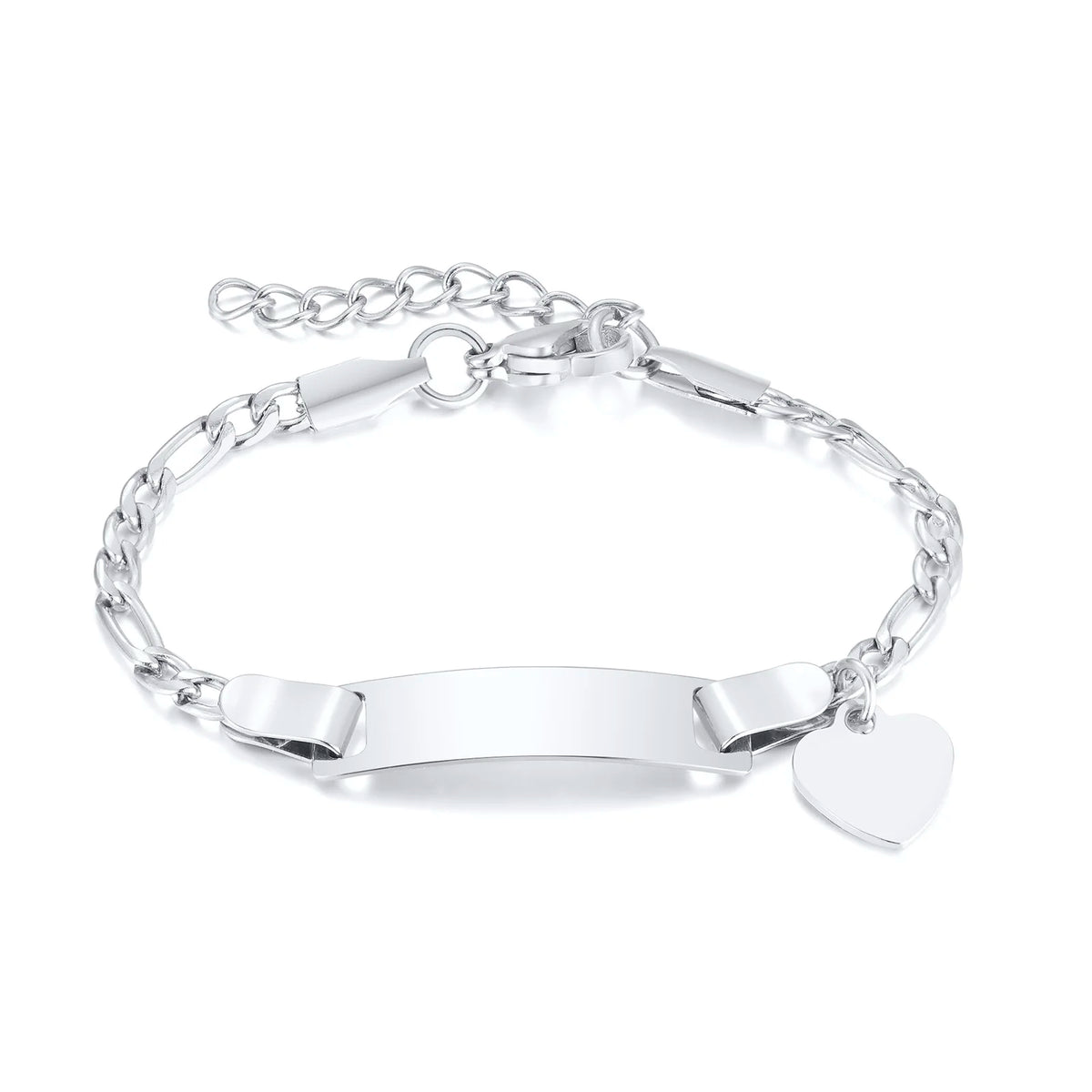 Persoanlized Custom Name Heart Bracelet,Stainless Steel Figaro Chain Link Adjustable,Engraved Gift for Boy Girl