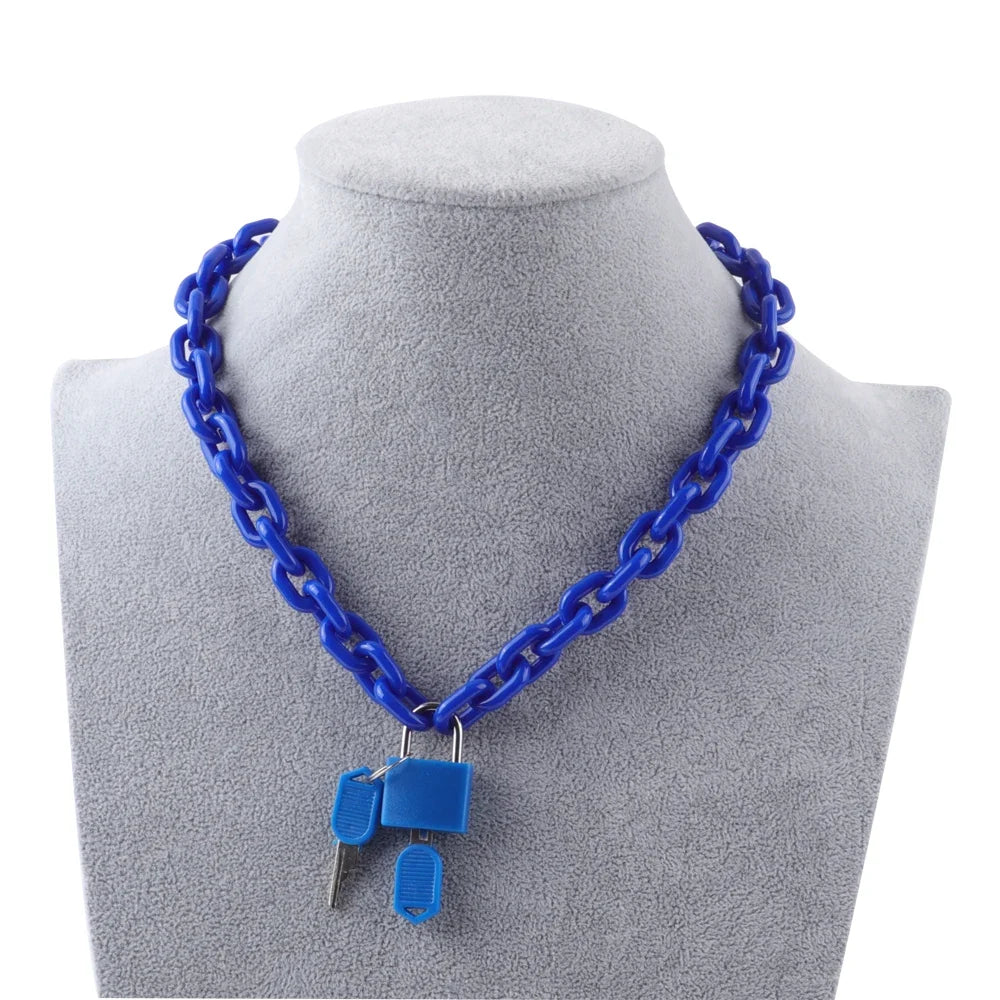 FishSheep Rock Punk Acrylic Chain Lock Pendant Necklace For Women Men Chic Neon Chunky Long Chain Necklace 2020 Fashion Jewelry