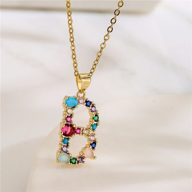 2024 New Hot Colourful Crystal AAA CZ 26 Capital Letters Pendant Necklace For Women Girl Gold Color Copper Initial Name Jewelry