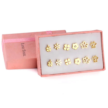6 Pairs Vintage Stud Earrings Set for Women | Stainless Steel Snowflake Piercing