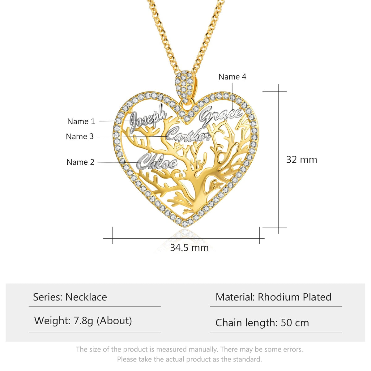 Multi-name Mixed Color Heart Necklace Family Tree of Life Nameplate Pendant
