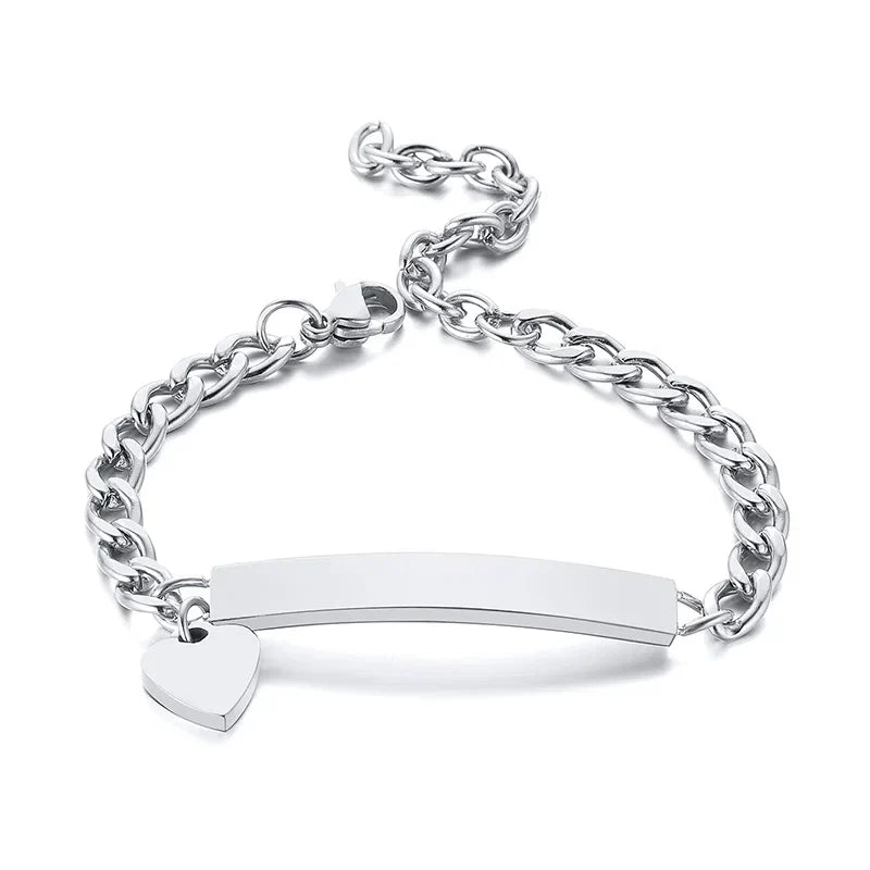 Persoanlized Custom Name Heart Bracelet,Stainless Steel Figaro Chain Link Adjustable,Engraved Gift for Boy Girl