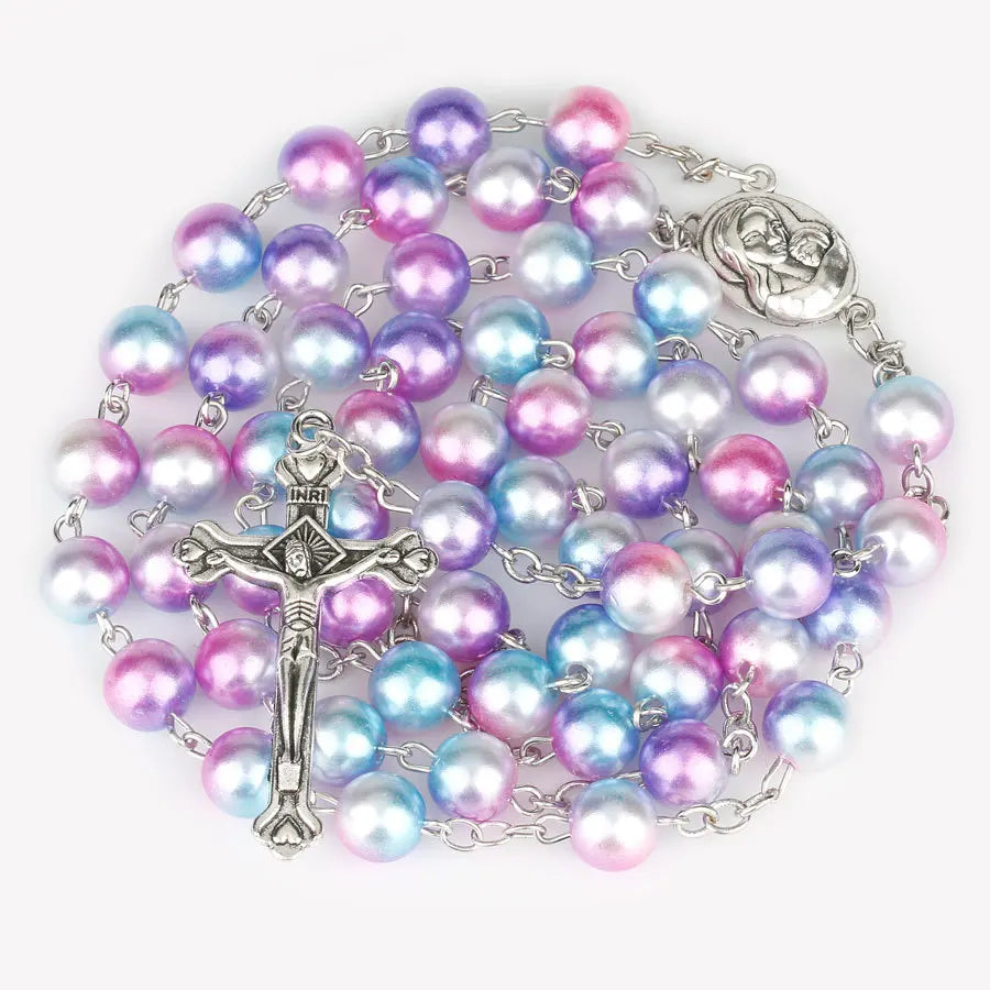 12 colors Religion Rosary necklace For Women Christian Virgin Mary Jesus Cross pendant Long beads chains Fashion Jewelry Gift
