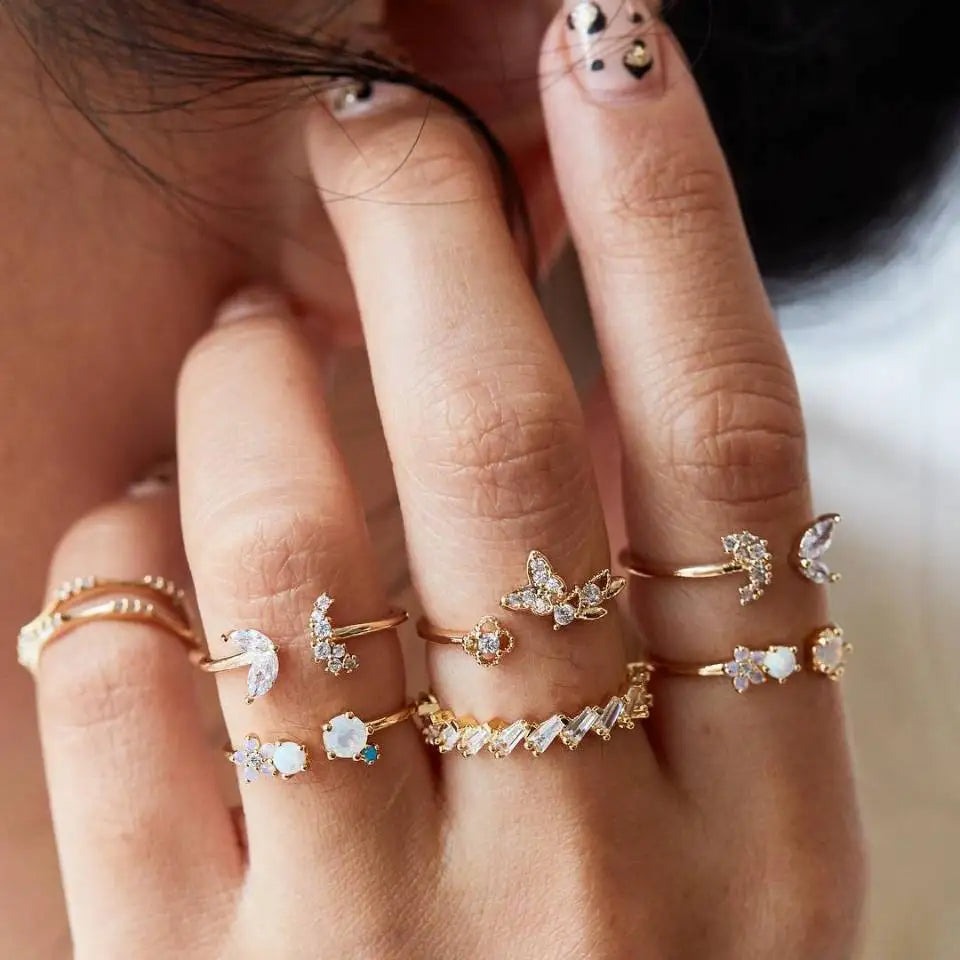 Fashion Geometric Knuckle Rings set For Women Crystal Gold color Finger Ring Boho Ladies wedding Jewelry Gift