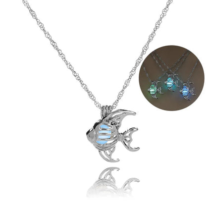 Glow in The Dark Locket necklace For Women Gun skull Heart mermaid Cross tortoise Glowing beads cage pendant Fashion Jewelry