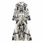 Women Vintage Totem Floral Print Bow Sashes Midi Shirt Dress Female Three Quarter Sleeve Slim Vestidos