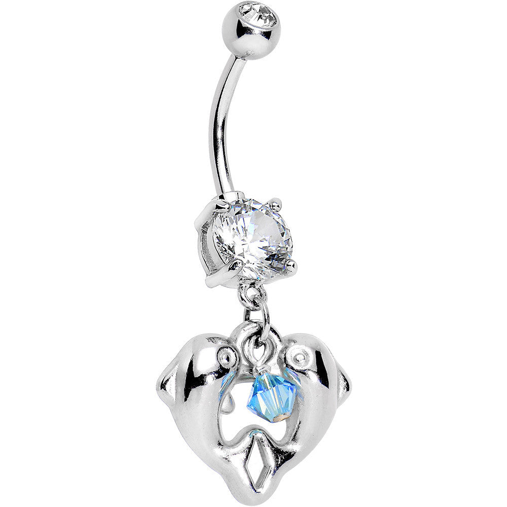 Handcrafted Clear Cubic Zirconia Double Dolphin Dangle Belly Ring