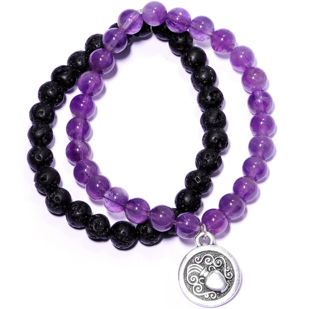 Handmade Lava Stone Amethyst Aquarius Zodiac Bracelet Set of 2