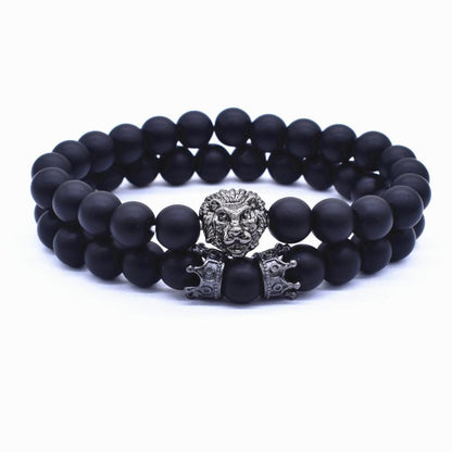 Classic Vintage Elegant Lion Head and Luxury Crown Charm Bracelet Natural Lava Stone Beads Amazing Bracelet Great For Men Fashion Jewelry