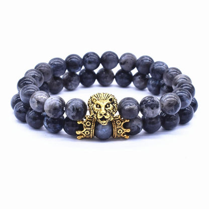 Classic Vintage Elegant Lion Head and Luxury Crown Charm Bracelet Natural Lava Stone Beads Amazing Bracelet Great For Men Fashion Jewelry