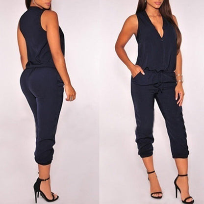 Summer Sexy V Neck Jumpsuit Long Pants Solid Rompers Women's Sleeveless One Piece Bodysuit