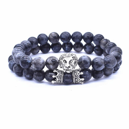 Classic Vintage Elegant Lion Head and Luxury Crown Charm Bracelet Natural Lava Stone Beads Amazing Bracelet Great For Men Fashion Jewelry