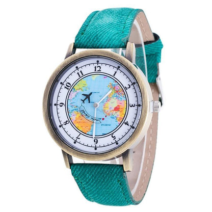 Fashion Casual Watches Women Casual Wristwatch Personality World Map With Airplane Pattern Cowboy Band Quartz Watch For Woman  and Girls