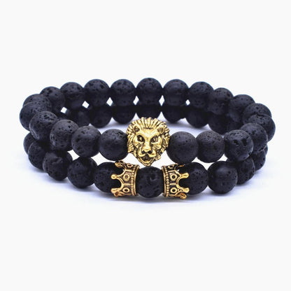 Classic Vintage Elegant Lion Head and Luxury Crown Charm Bracelet Natural Lava Stone Beads Amazing Bracelet Great For Men Fashion Jewelry